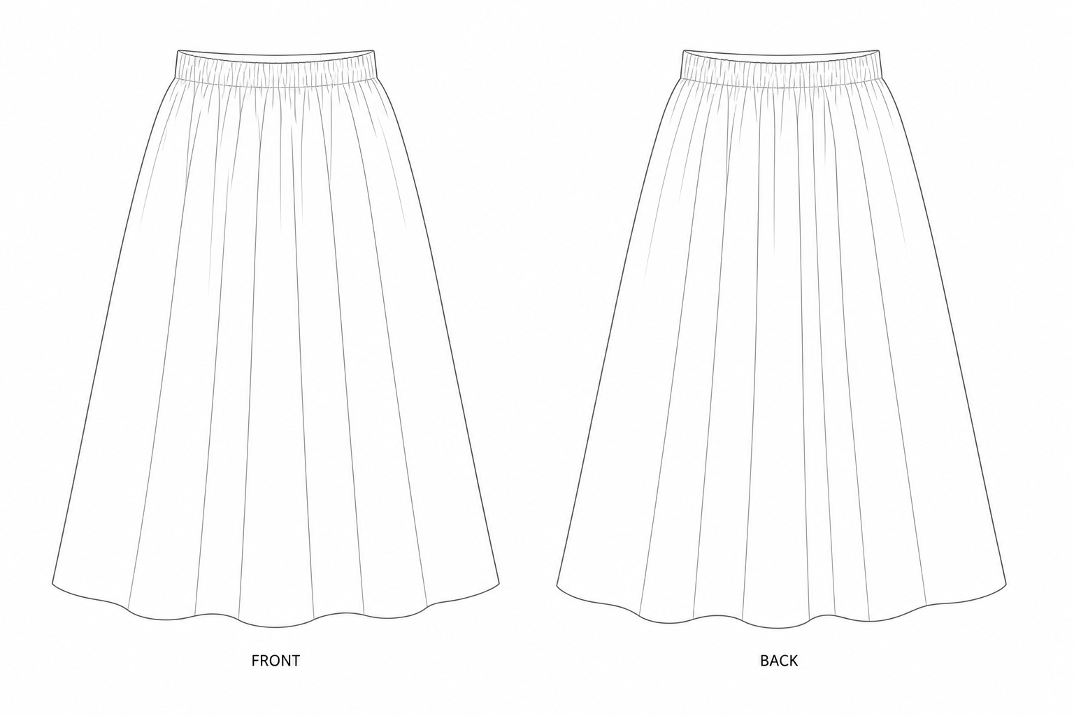 1023 Skirt Sewing Pattern front and back technical drawing