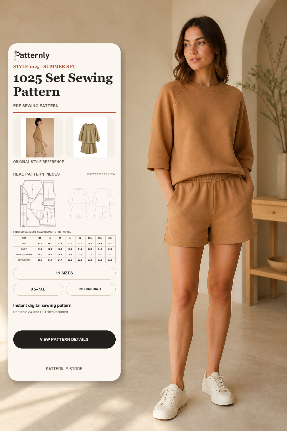 Crew-Neck Three-Quarter-Sleeve Sweatshirt and Shorts Set Sewing Pattern 1025 cover
