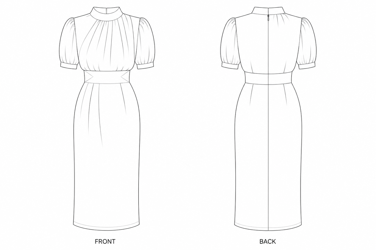 1030 Dress Sewing Pattern | Olive Asymmetric-Neck Dress front and back technical drawing