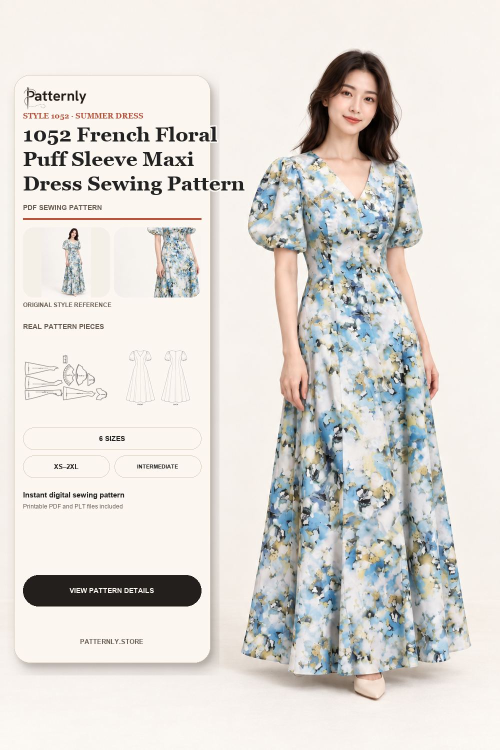 1052 French Floral Puff Sleeve Maxi Dress Sewing Pattern cover