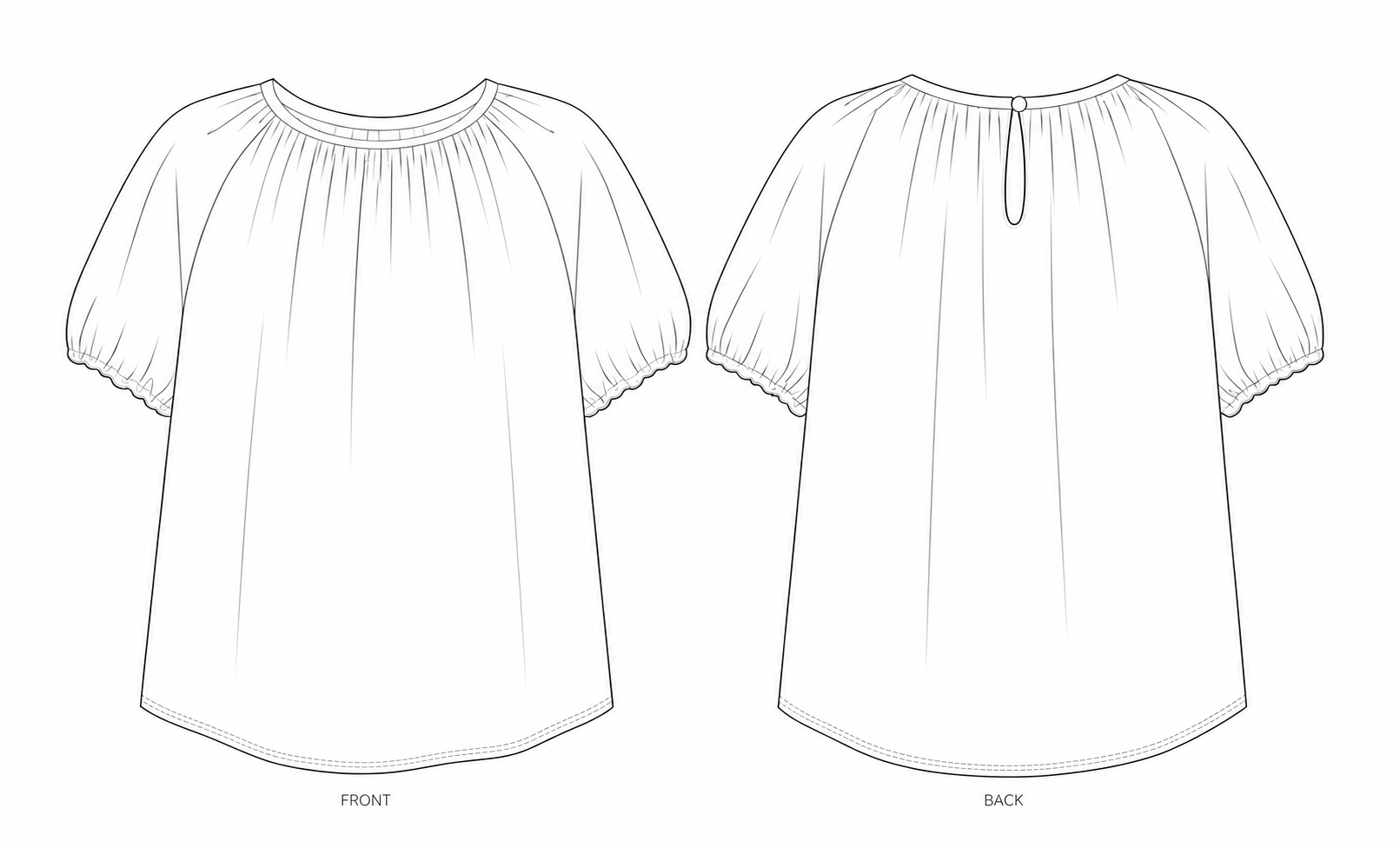 1066 Top Sewing Pattern | Women's elegant linen top front and back technical drawing