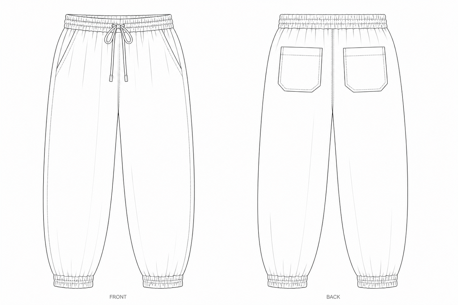 1080 Pants Sewing Pattern | Women's tapered pants front and back technical drawing