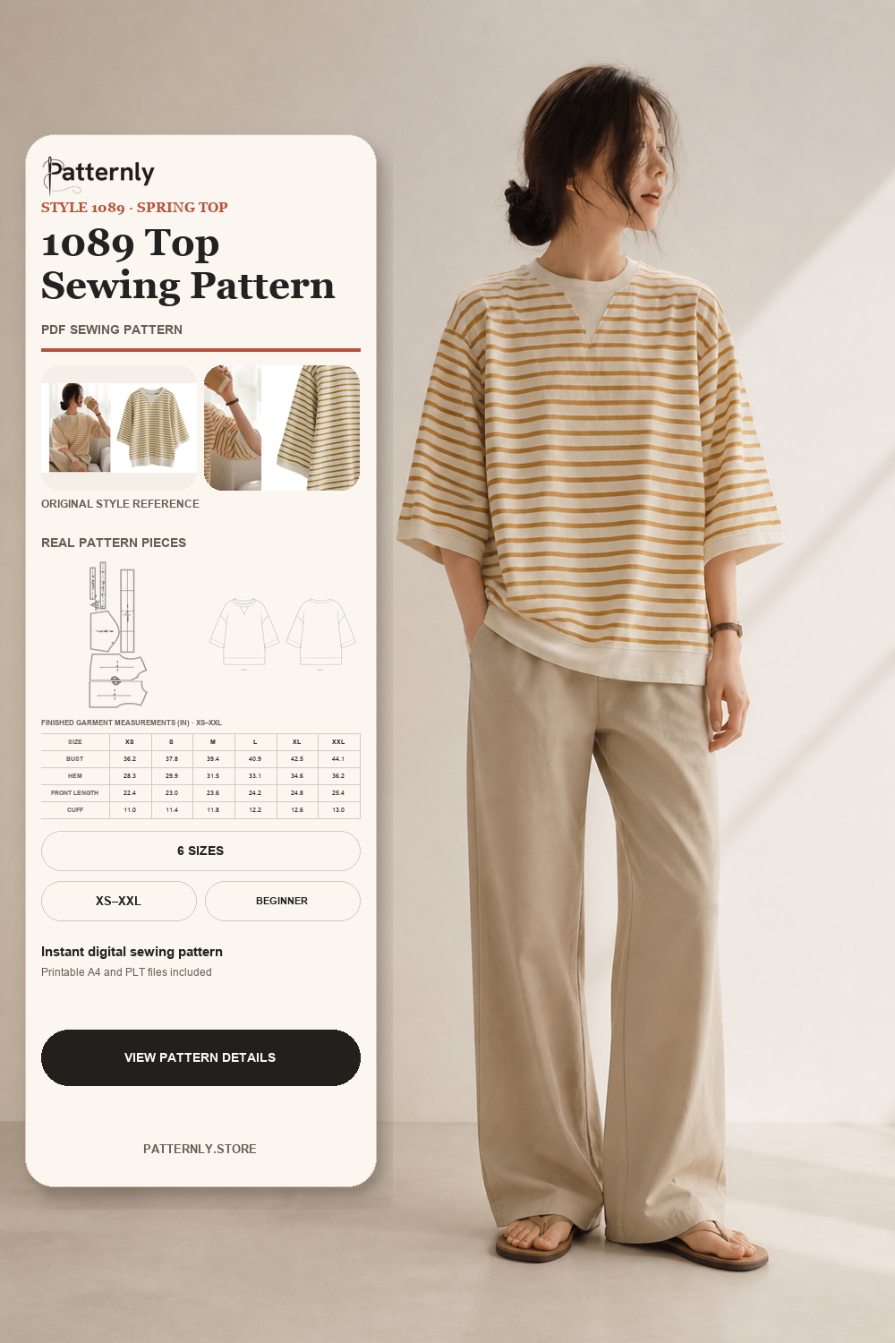 Striped Three-Quarter-Sleeve T-Shirt Sewing Pattern 1089 cover