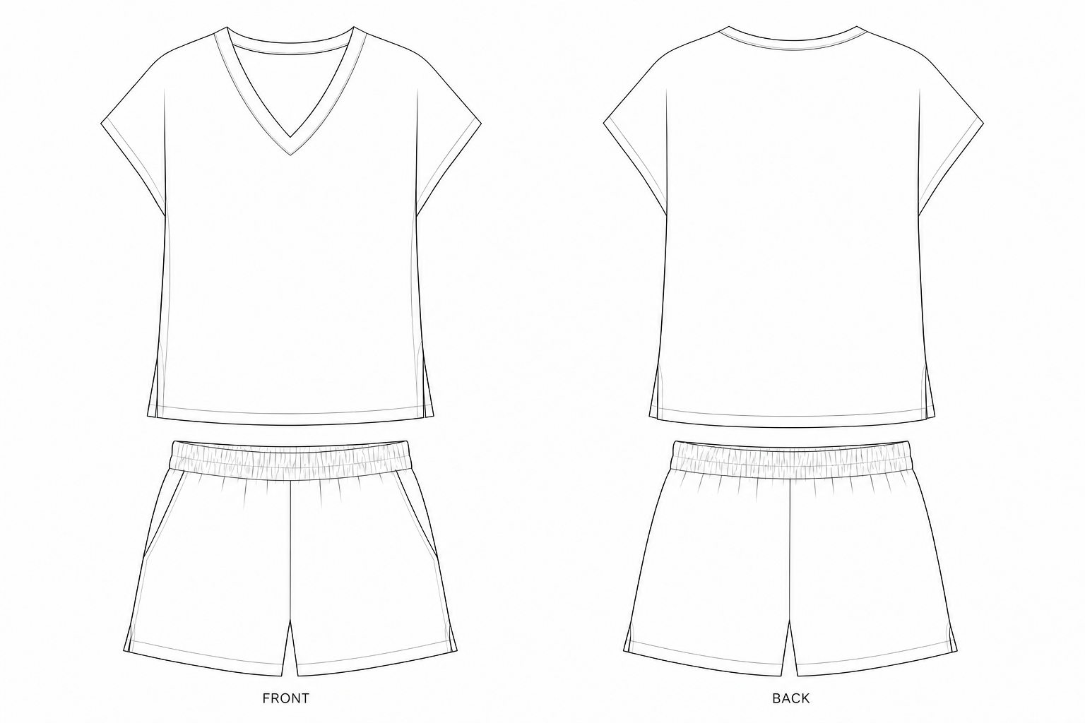 1103 Set Sewing Pattern | Women's V-neck top and shorts set front and back technical drawing