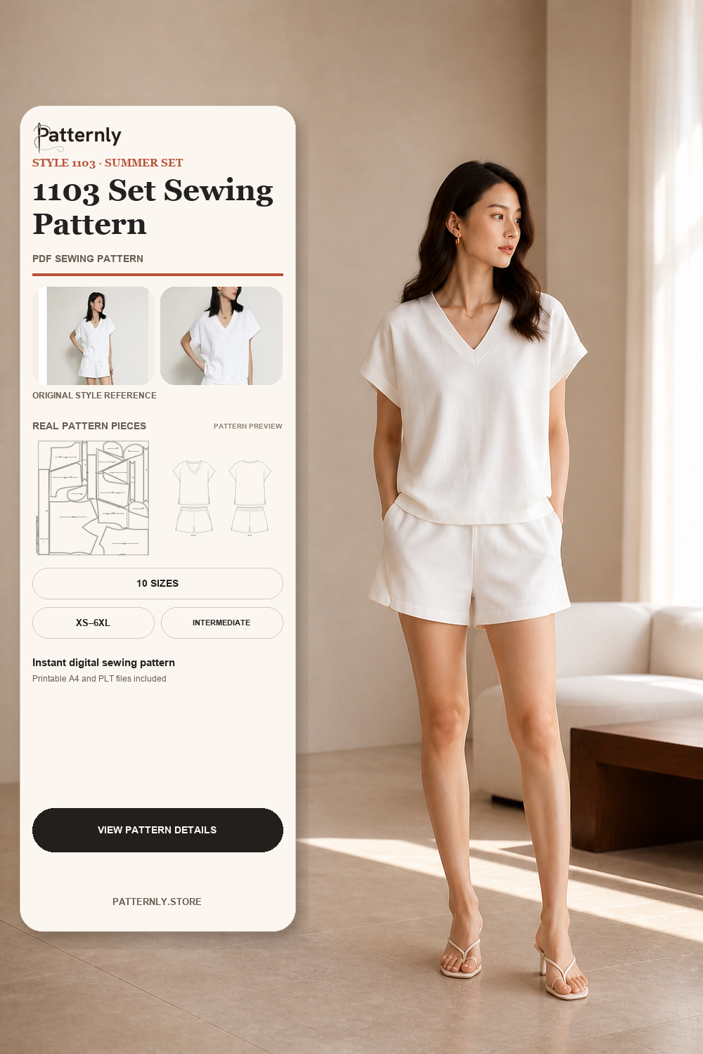V-Neck Top and Casual Shorts Set Sewing Pattern 1103 cover