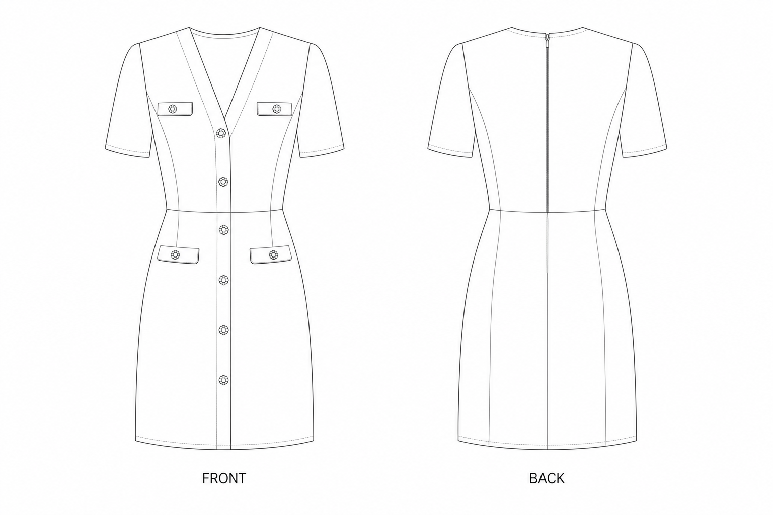 1104 Dress Sewing Pattern front and back technical drawing