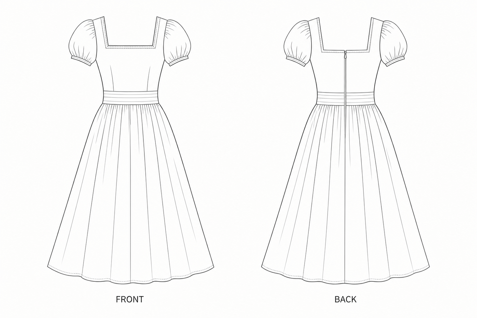 1125 Dress Sewing Pattern | Floral Square-Neck Midi Dress front and back technical drawing
