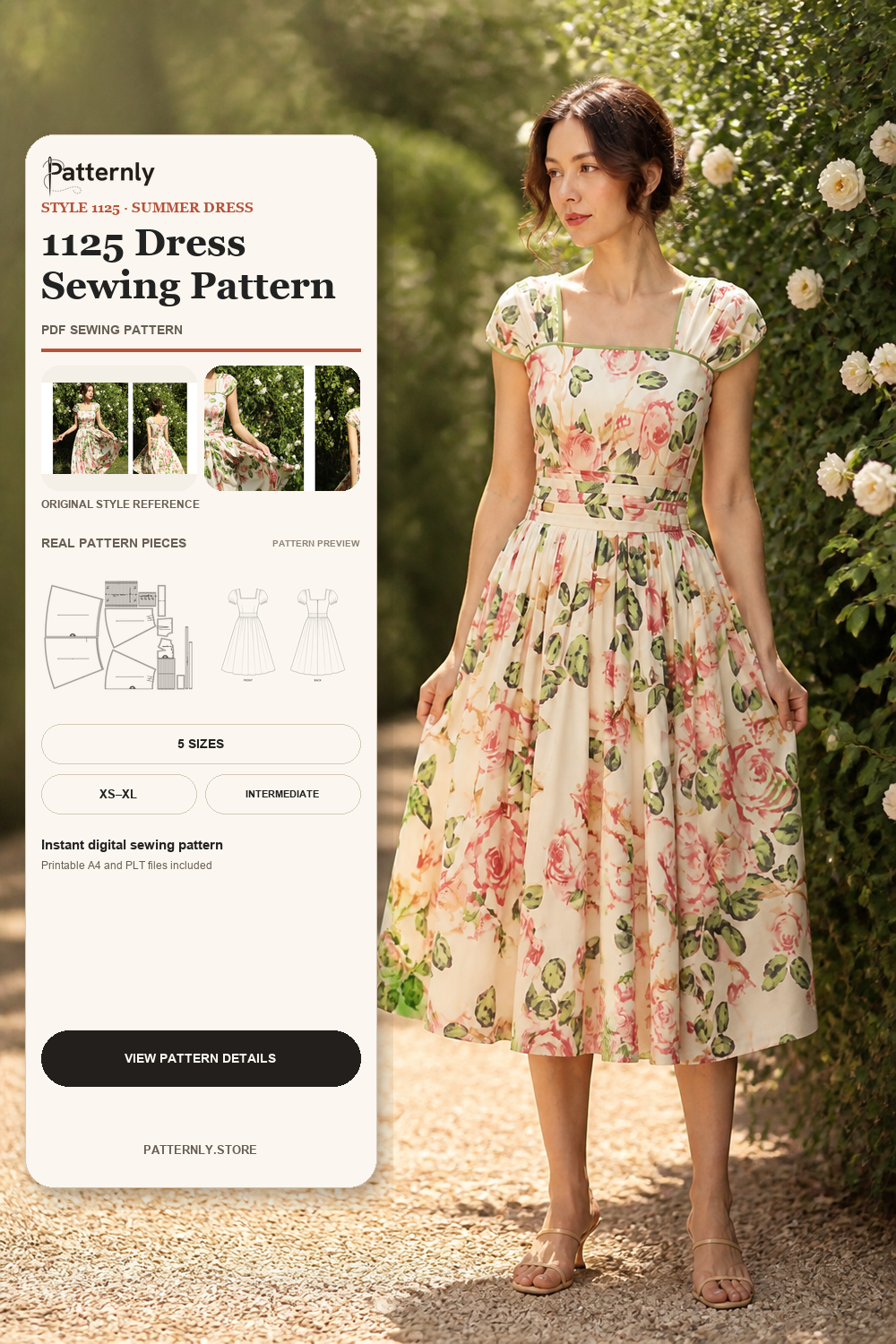 Floral Square-Neck Full-Skirt Dress Sewing Pattern 1125 cover