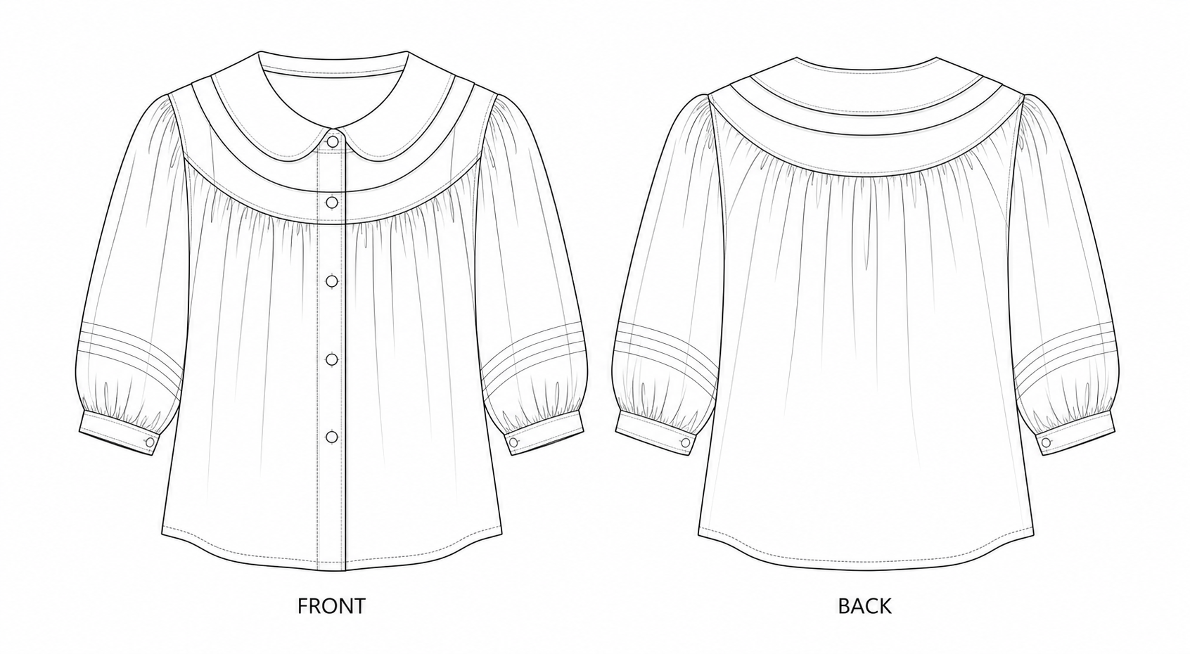 1142 Shirt Sewing Pattern | Peter Pan Collar Blouse front and back technical drawing