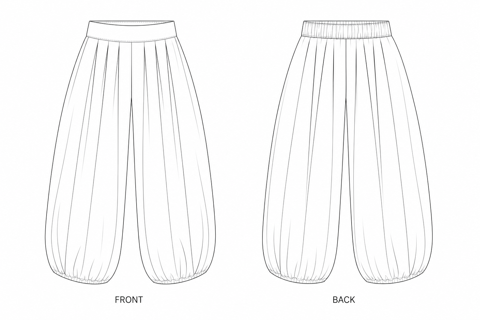 1150 Women's Pleated Wide Balloon Pants Sewing Pattern front and back technical drawing