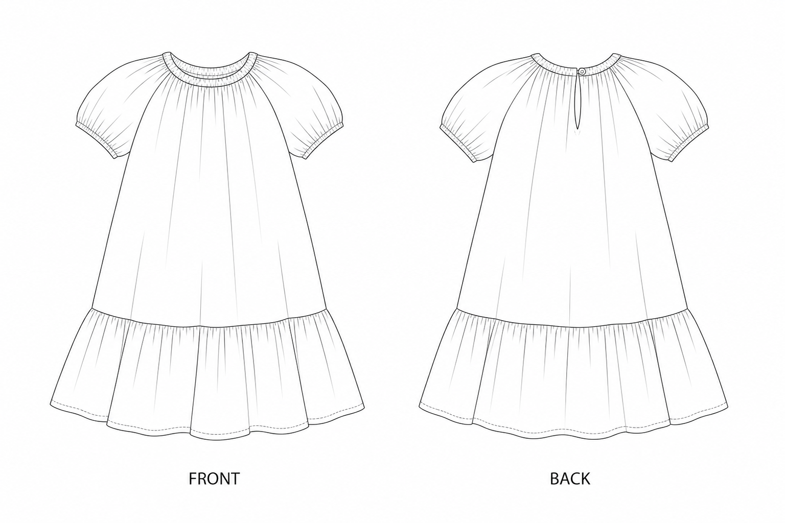 1159 Girls' Summer Dress Sewing Pattern front and back technical drawing