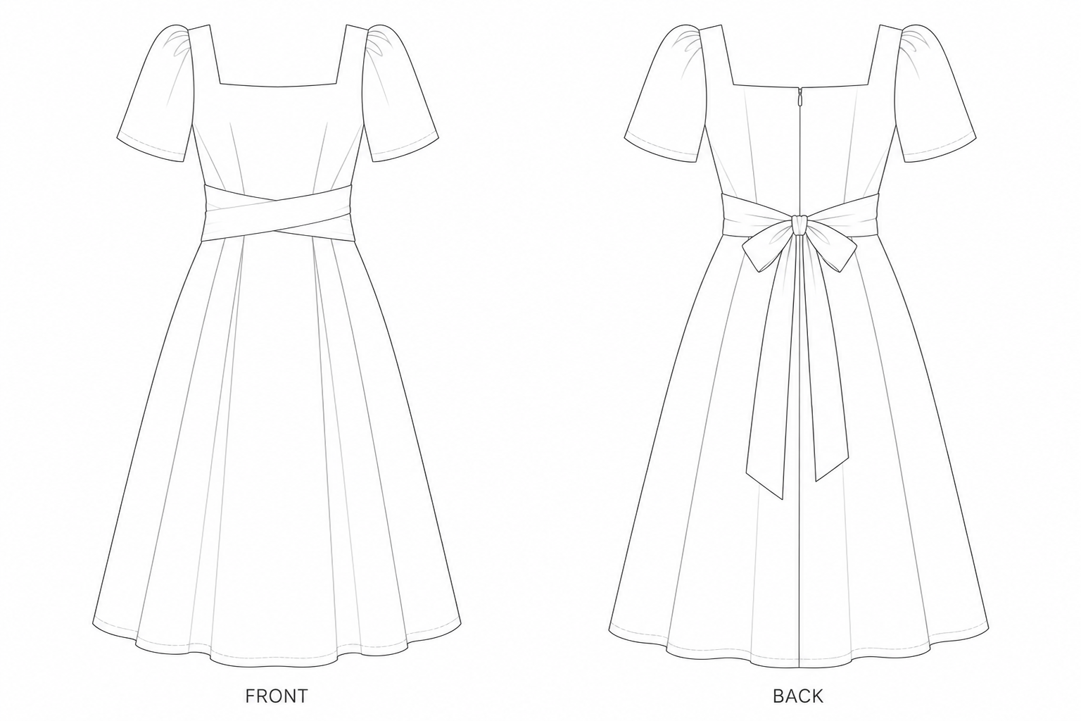 1162 Dress Sewing Pattern | Green Square-Neck Puff-Sleeve Midi Dress front and back technical drawing