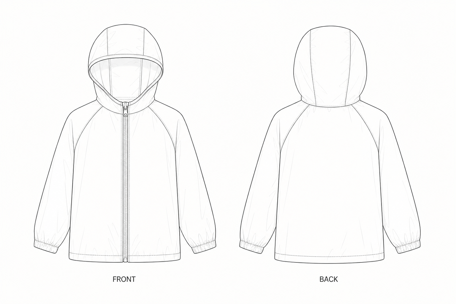118 Jacket Sewing Pattern | Kids' lightweight hooded sun jacket front and back technical drawing