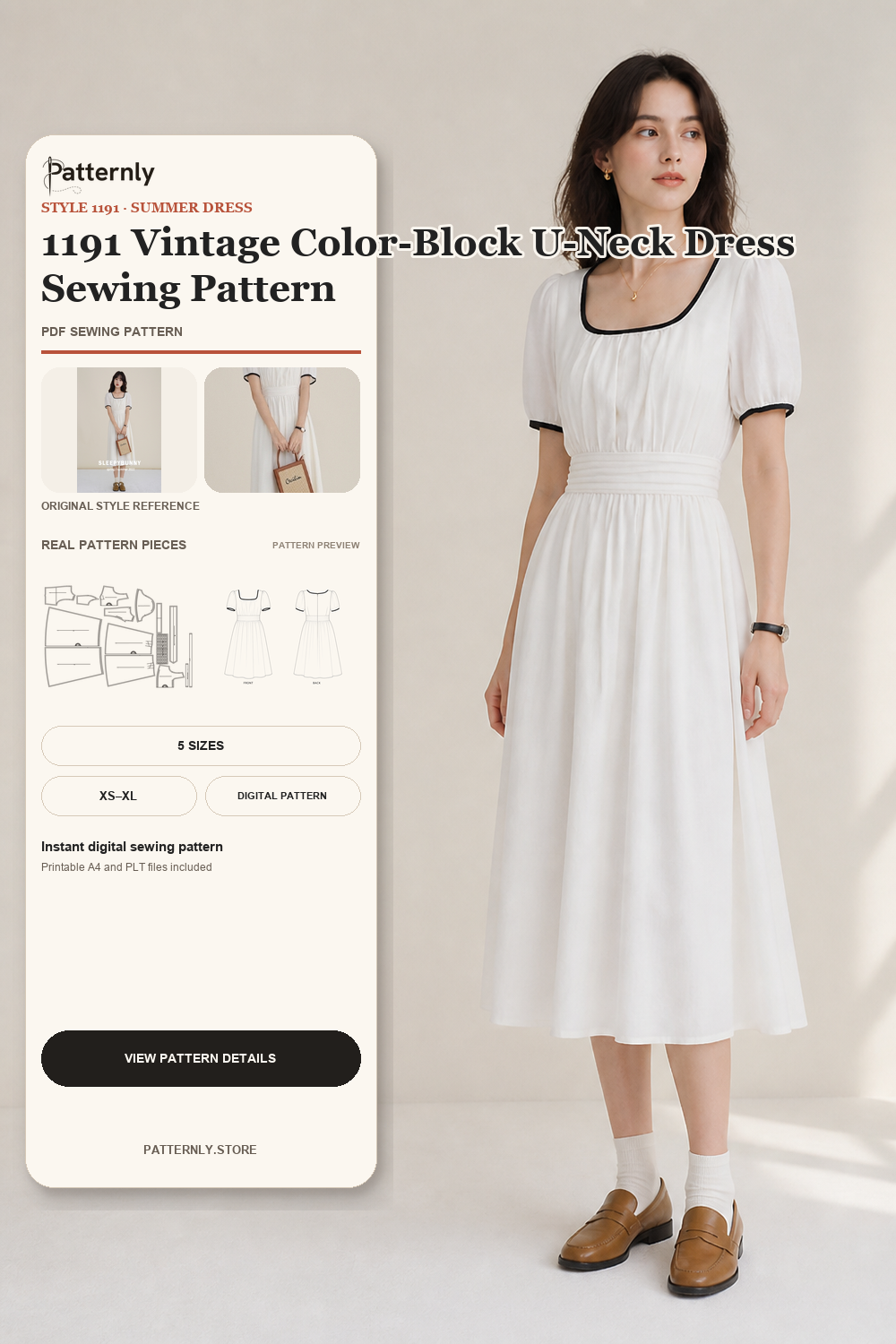 1191 Vintage Color-Block U-Neck Dress Sewing Pattern cover
