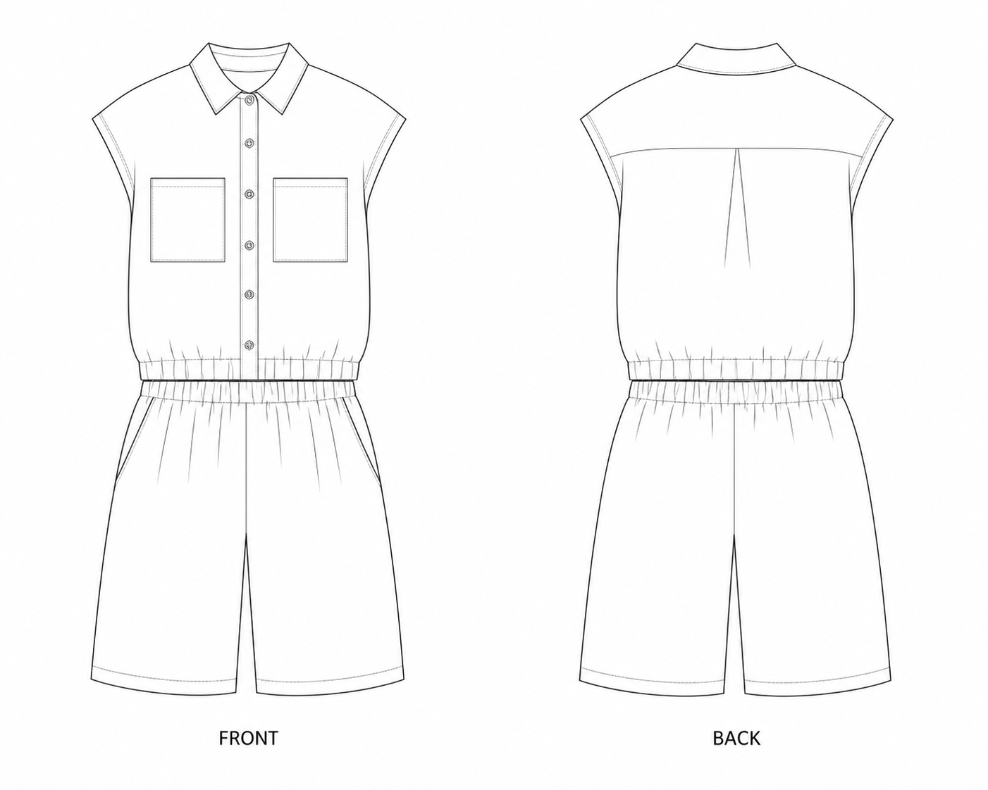 1196 Set Sewing Pattern | Shirt and Shorts Set front and back technical drawing