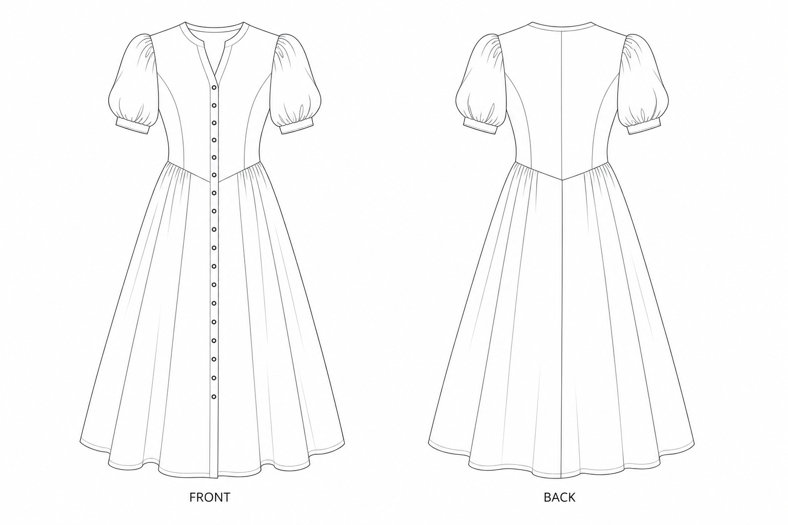 1218 Dress Sewing Pattern | French Botanical Puff-Sleeve Dress front and back technical drawing