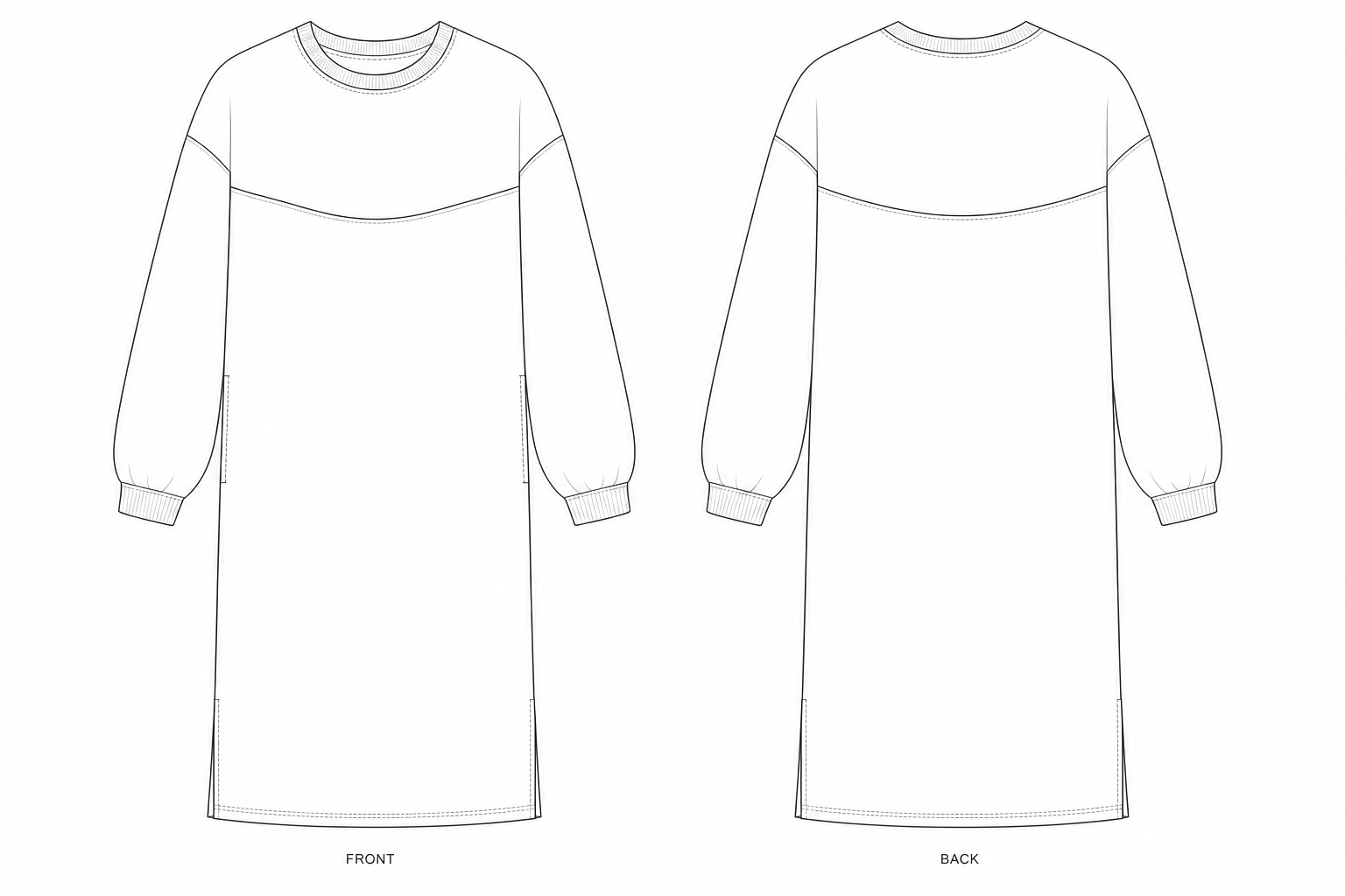 1223 Sweatshirt Sewing Pattern | Women's fitted color-block sweatshirt front and back technical drawing