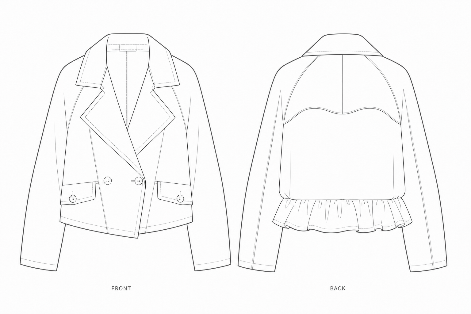 1239 Coat Sewing Pattern | Women's raglan-sleeve coat front and back technical drawing