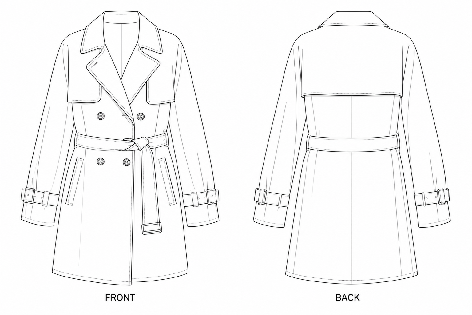 1245 Coat Sewing Pattern | Women's Trench Coat front and back technical drawing