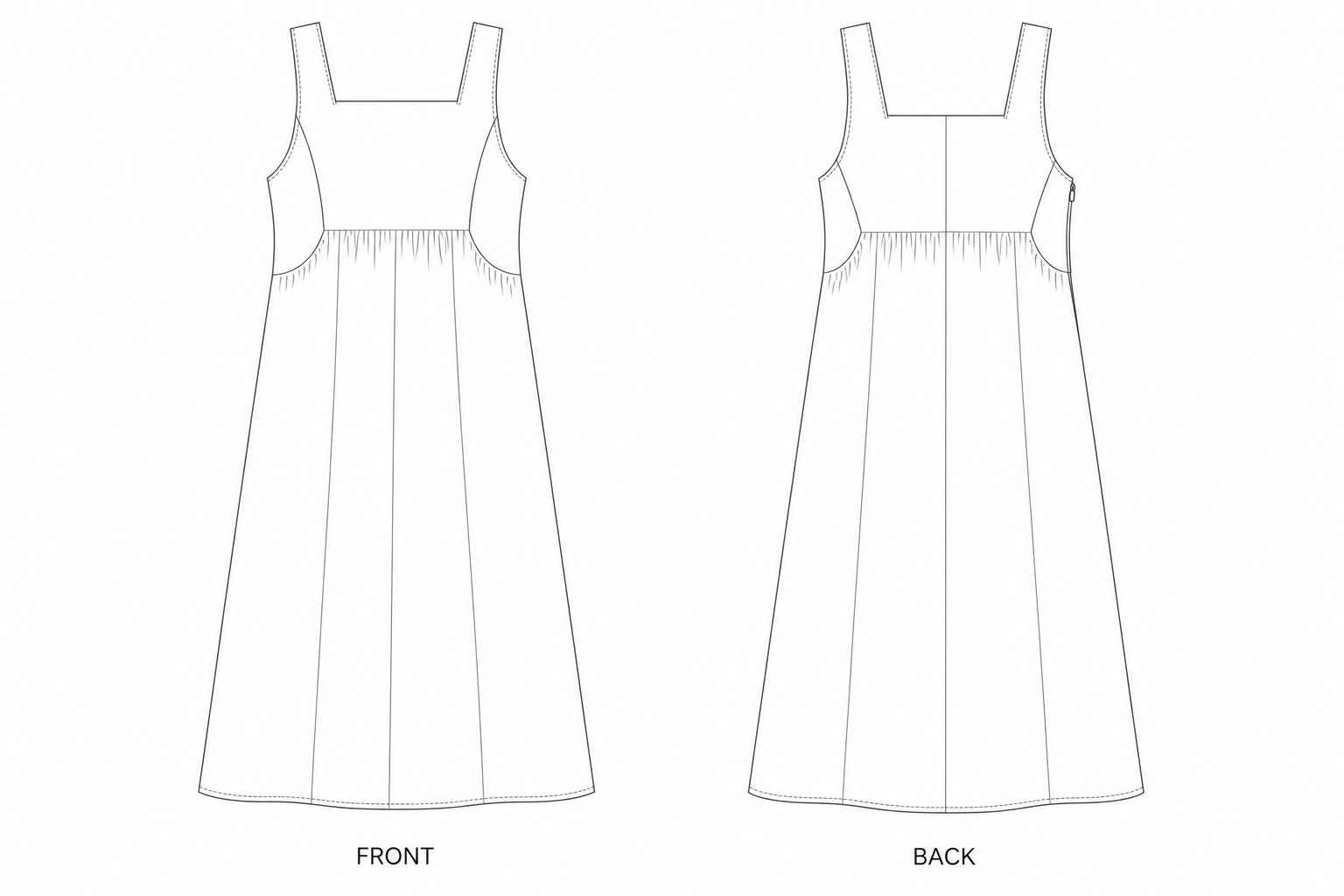1247 Vest Sewing Pattern | Camel Tank Midi Dress front and back technical drawing