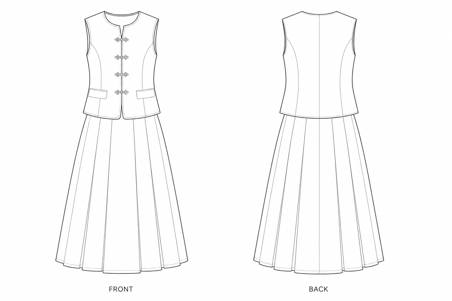 1252 Vest & Pleated Midi Skirt Set Sewing Pattern front and back technical drawing
