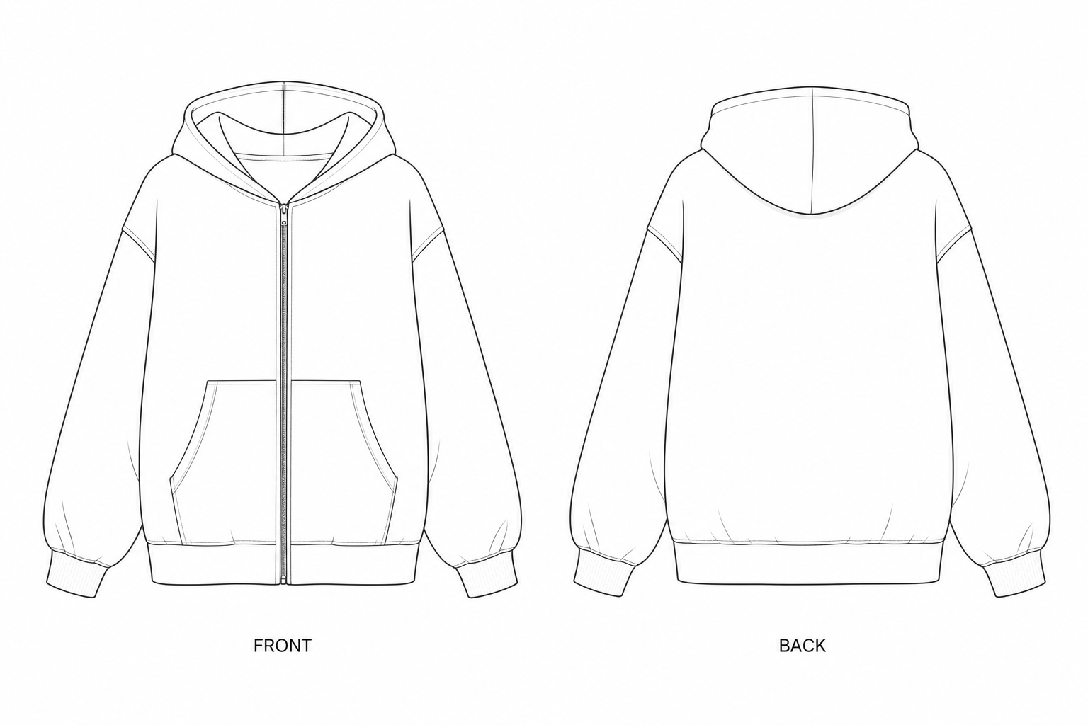 1261 Sweatshirt Sewing Pattern | Women's Oversized Zip Hoodie front and back technical drawing