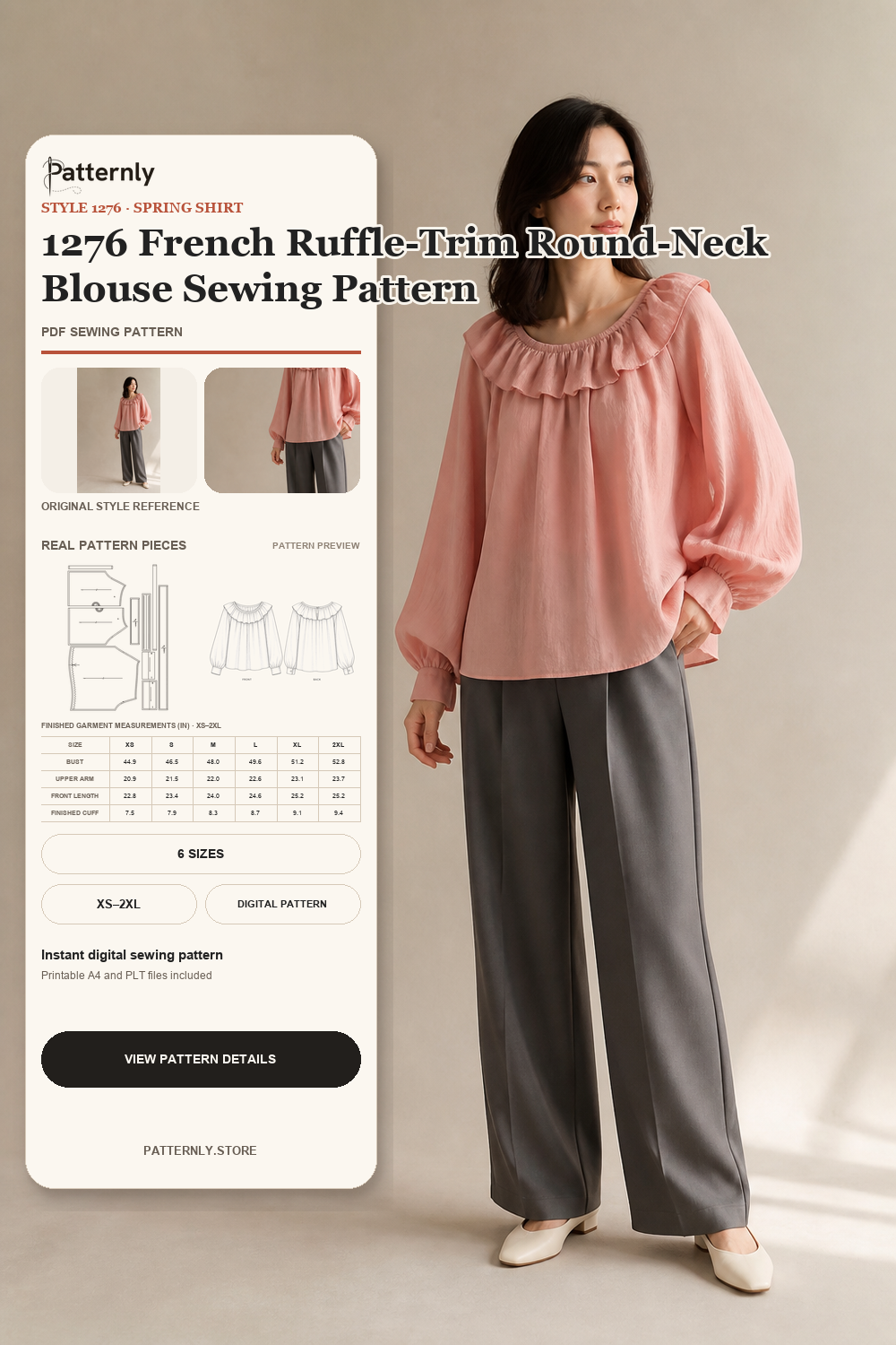 1276 French Ruffle-Trim Round-Neck Blouse Sewing Pattern cover