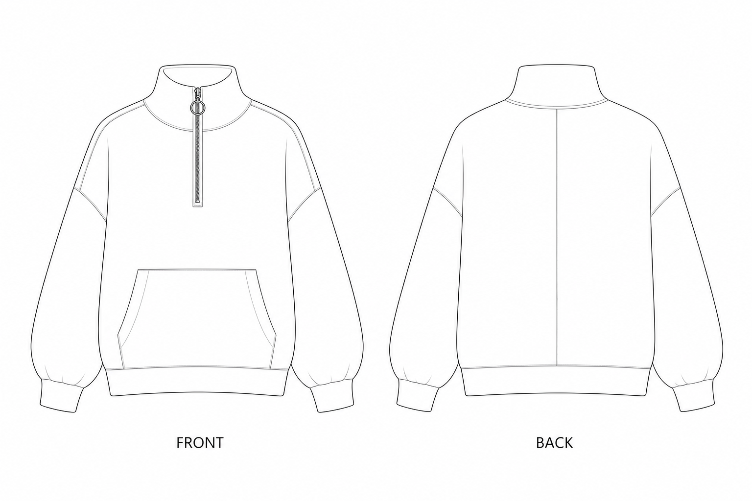1284 Sweatshirt Sewing Pattern | Women's Half Zip Sweatshirt front and back technical drawing