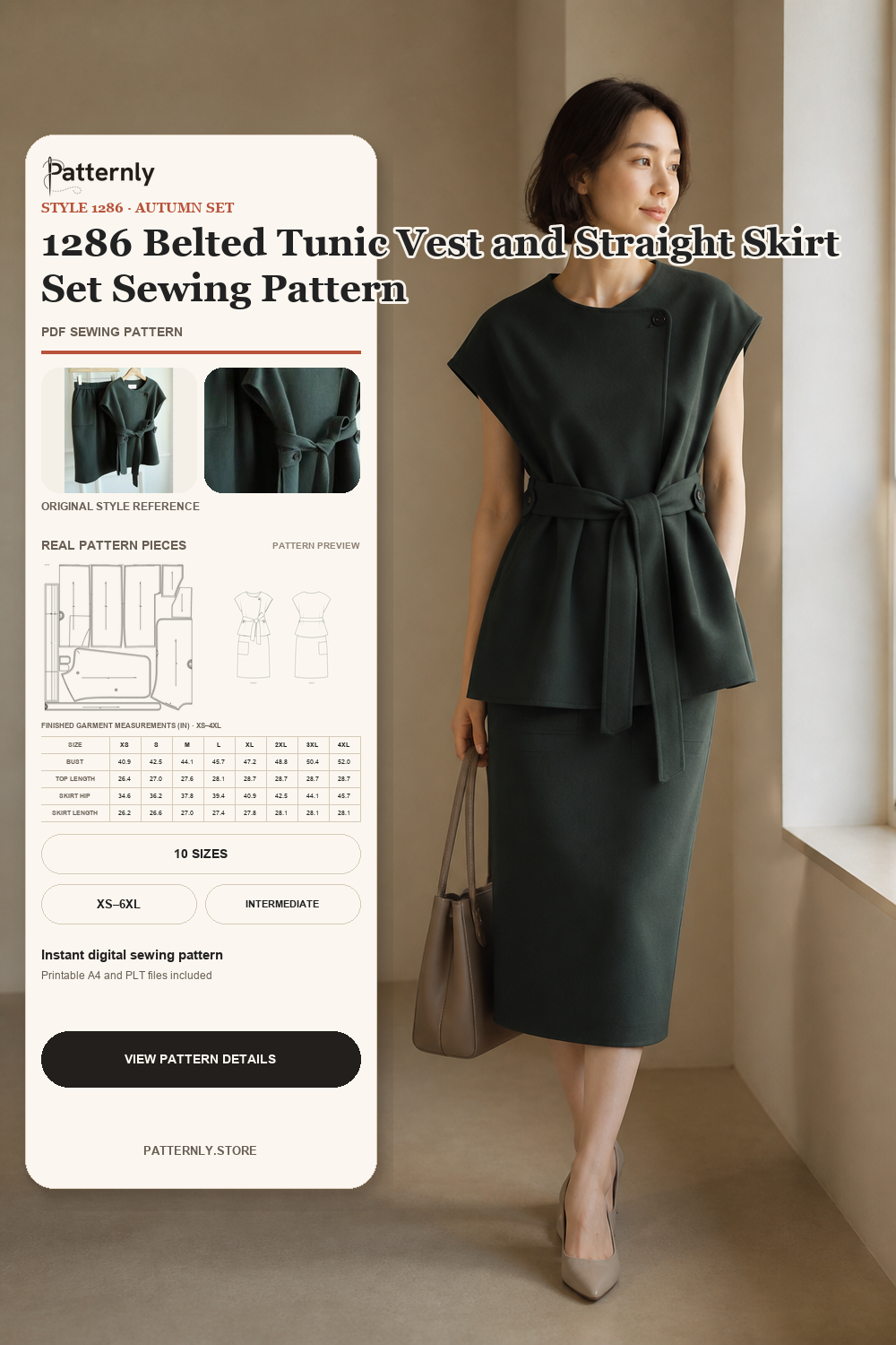 1286 Belted Tunic Vest and Straight Skirt Set Sewing Pattern cover