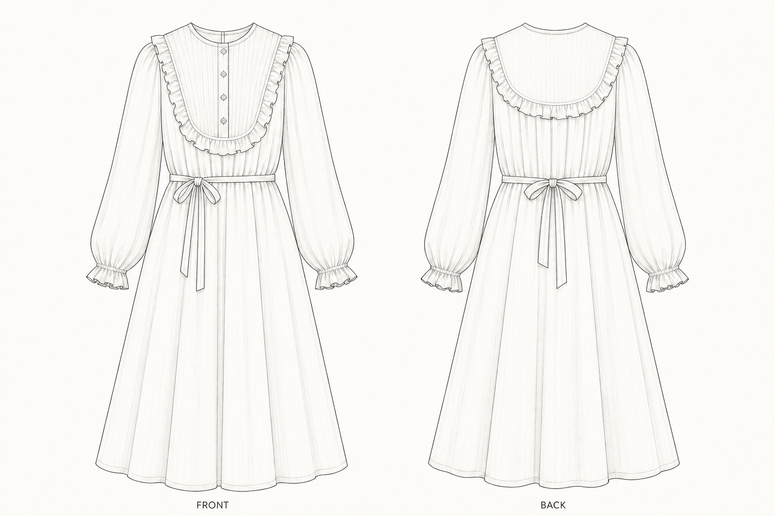 1290 Dress Sewing Pattern front and back technical drawing