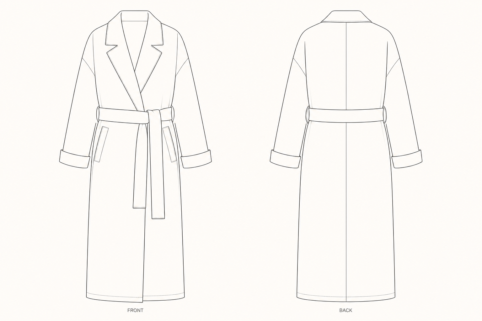 1291 Coat Sewing Pattern | Women's wool winter coat front and back technical drawing