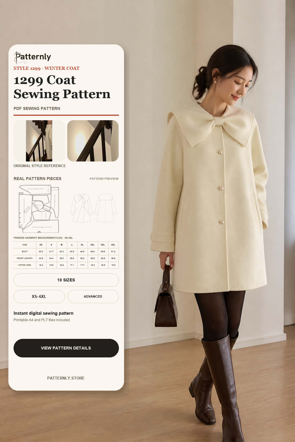 Bow-Detail Double-Faced Coat Sewing Pattern 1299 cover