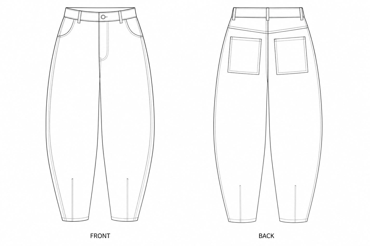 1305 Pants Sewing Pattern | Indigo Barrel Jeans front and back technical drawing