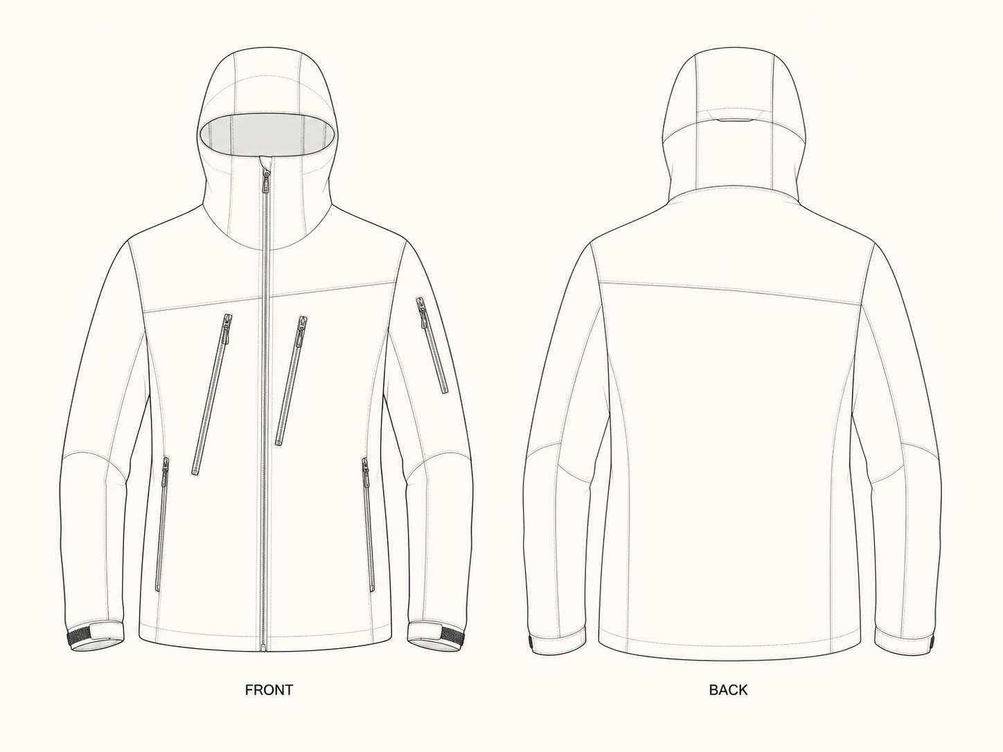 1306 Coat Sewing Pattern | Color-Block Hooded Shell Jacket front and back technical drawing