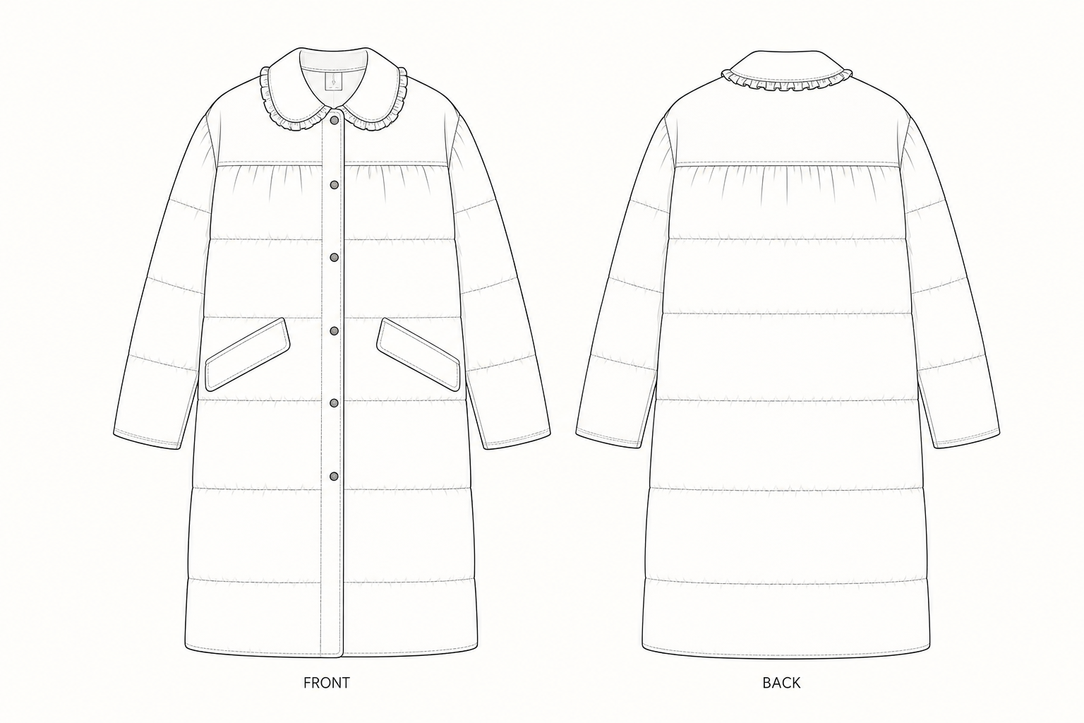 1321 Coat Sewing Pattern front and back technical drawing