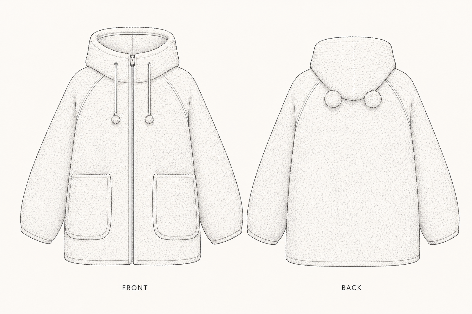 1322 Coat Sewing Pattern | Women's Plush Raglan Jacket front and back technical drawing