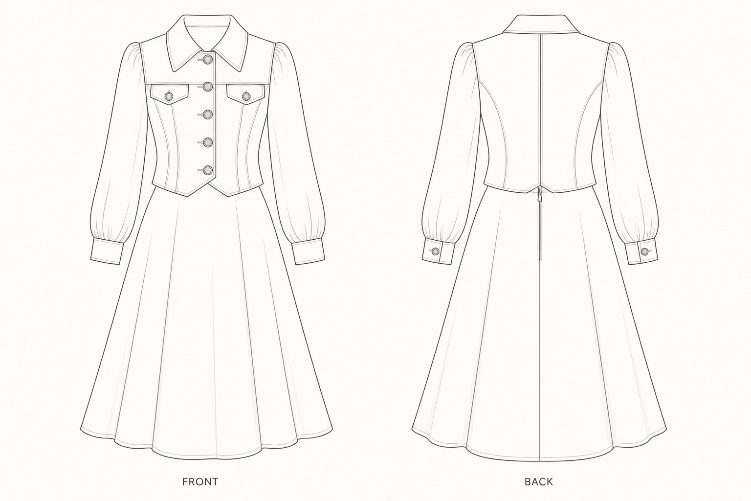 1328 Set Sewing Pattern front and back technical drawing