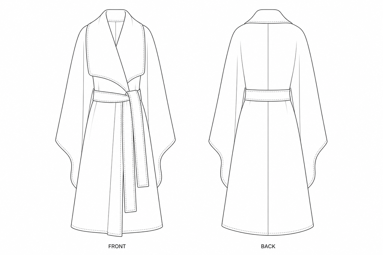 1331 Coat Sewing Pattern | Double Faced Wool Cape Coat front and back technical drawing