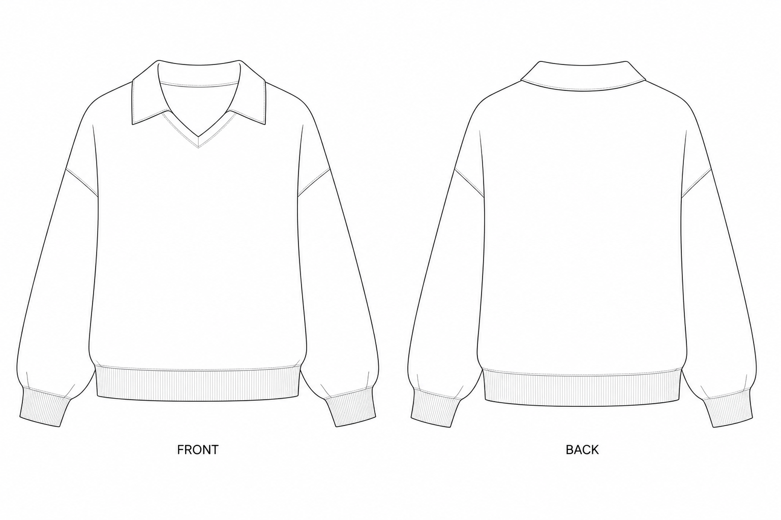 1332 Sweatshirt Sewing Pattern | Polo Collar Sweatshirt front and back technical drawing