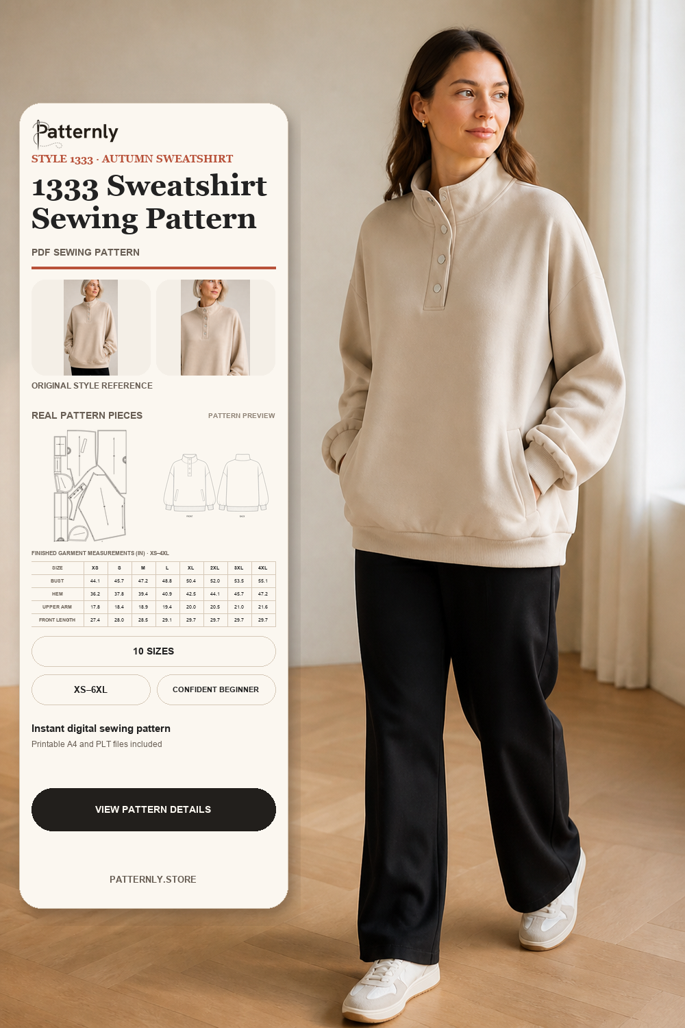 Stand-Collar Half-Opening Sweatshirt Sewing Pattern 1333 cover