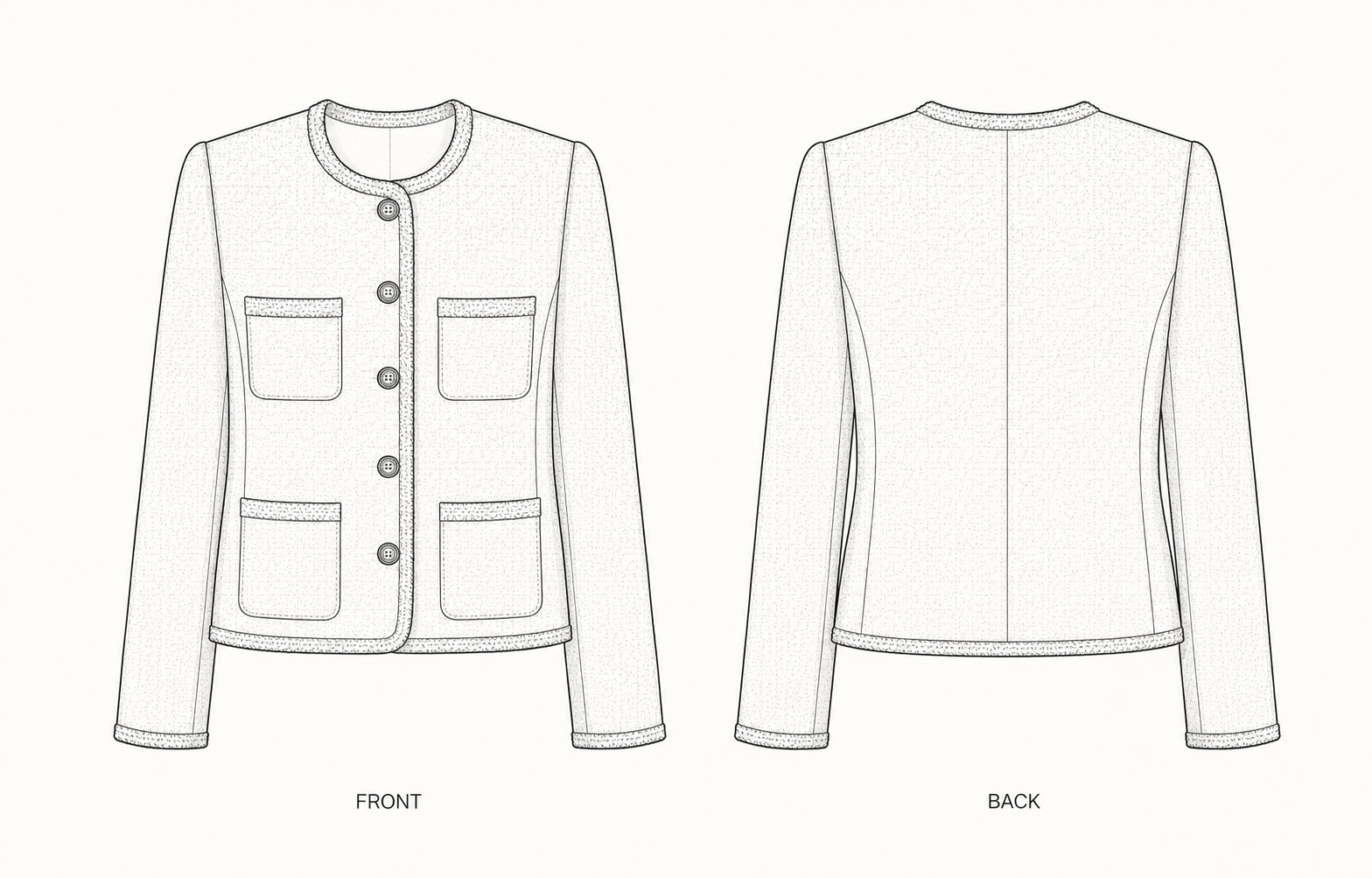 1336 Coat Sewing Pattern | Women's Collarless Boucle Jacket front and back technical drawing