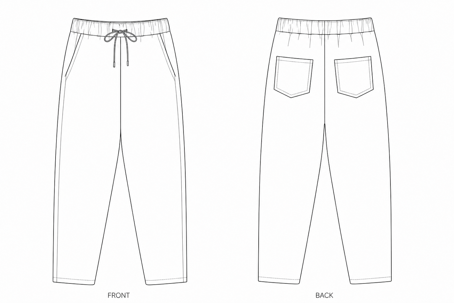 1338 Pants Sewing Pattern | Women's minimalist jogger pants front and back technical drawing