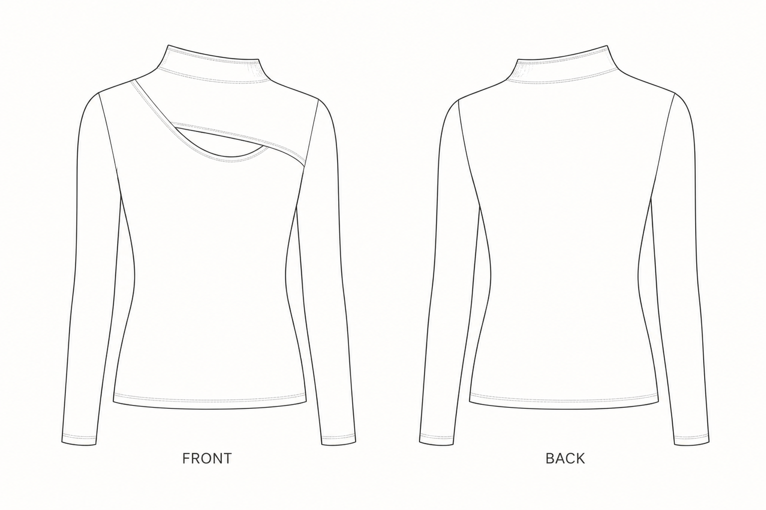 1339 Top Sewing Pattern | Women's Asymmetric Cutout Mock-Neck Top front and back technical drawing