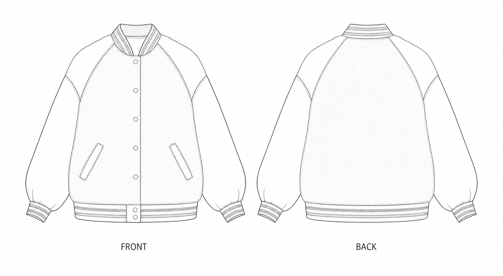 1342 Coat Sewing Pattern | Plush Varsity Jacket front and back technical drawing