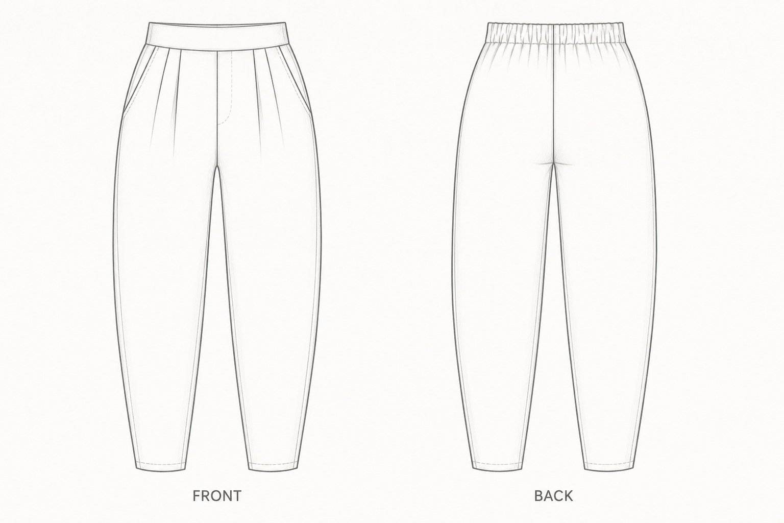 1343 Pants Sewing Pattern front and back technical drawing