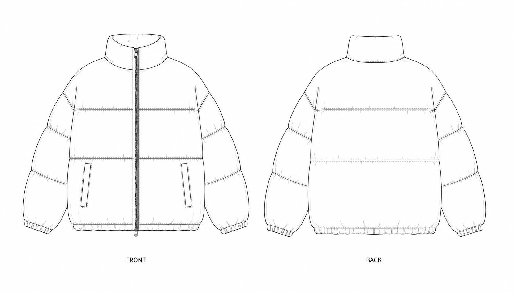 1347 Coat Sewing Pattern | Oversized Olive Puffer Coat front and back technical drawing
