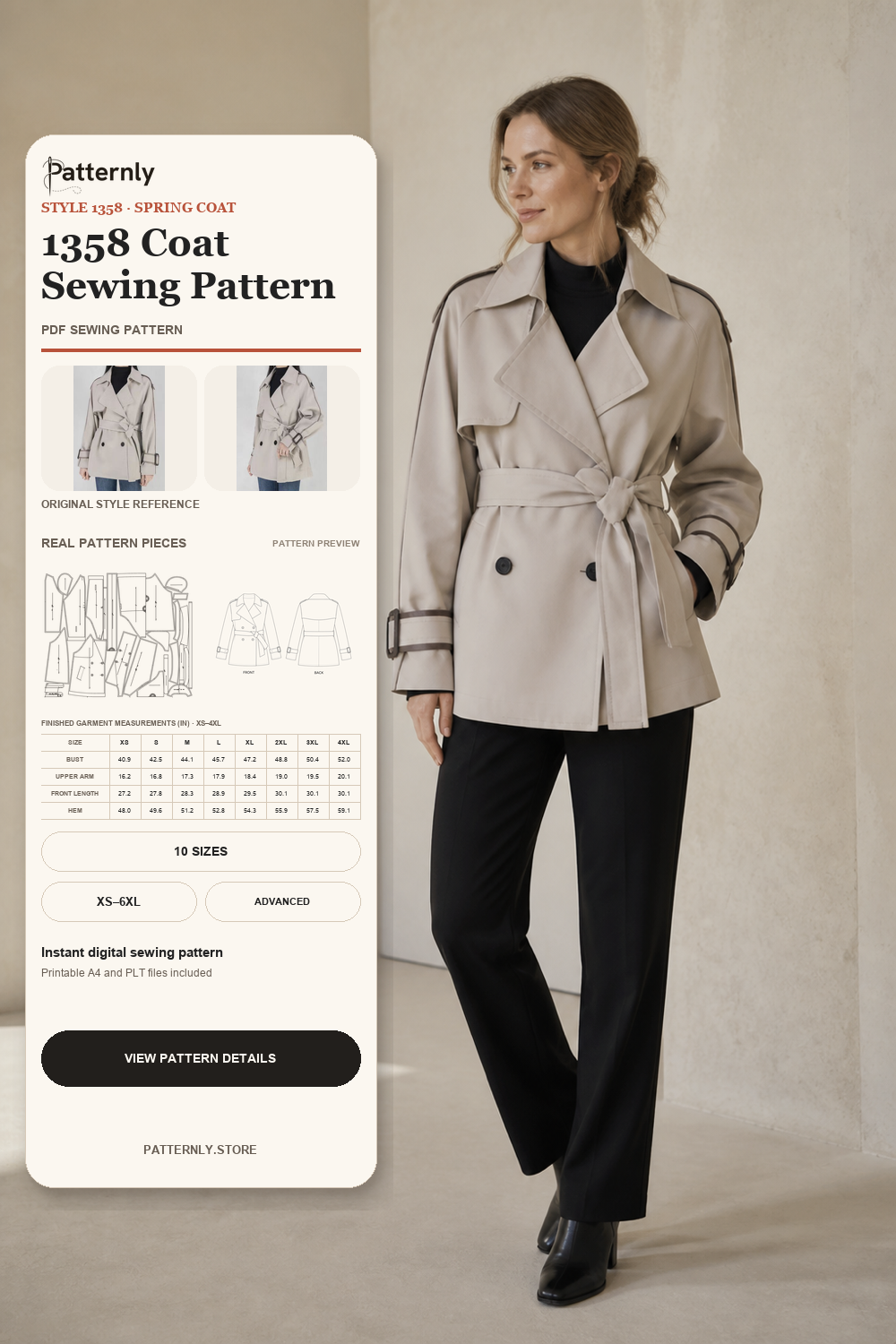Collared Quilted Trench Coat Sewing Pattern 1358 cover