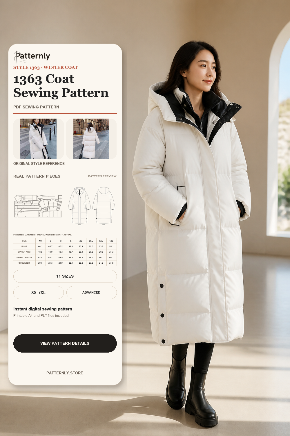 Hooded Puffer Jacket Sewing Pattern 1363 cover