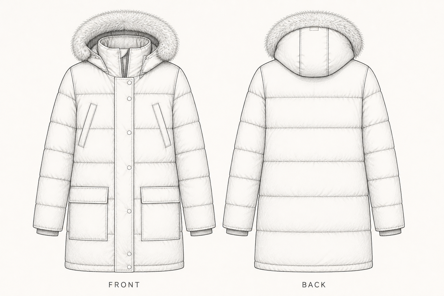 1369 Coat Sewing Pattern | Long Hooded Puffer Coat front and back technical drawing