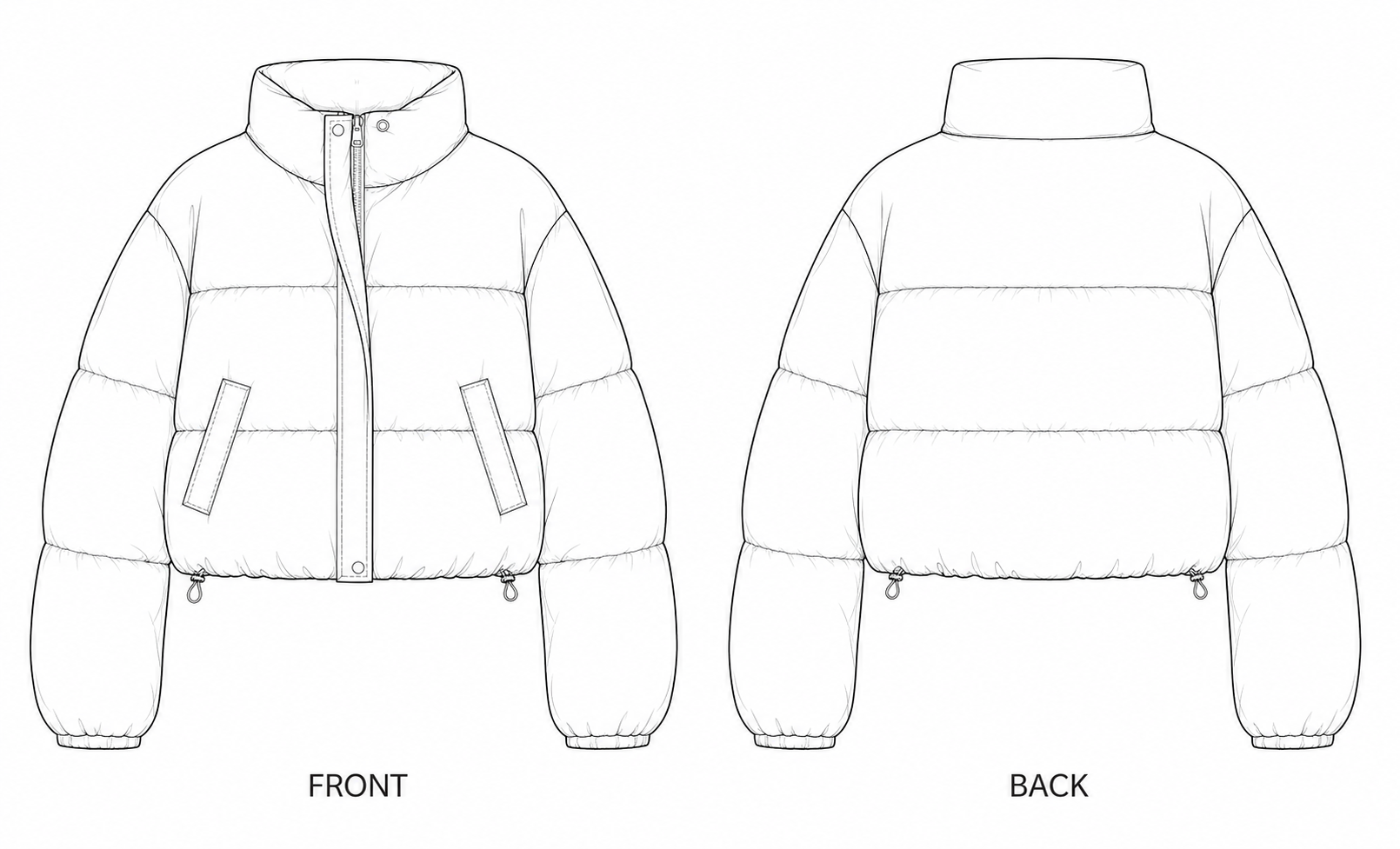 1371 Coat Sewing Pattern | Cropped Green Puffer Jacket front and back technical drawing
